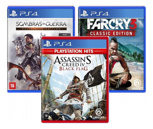 Kit Jogos Ps4 -black Flag + Terra Média + Far Cry 3